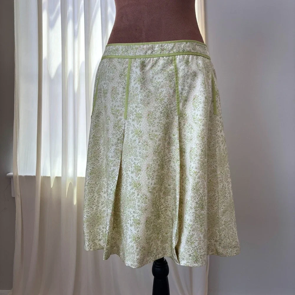 90s Vintage Ann Taylor Silk Skirt 8P Green Floral A Line Cottage Fairy Coquette